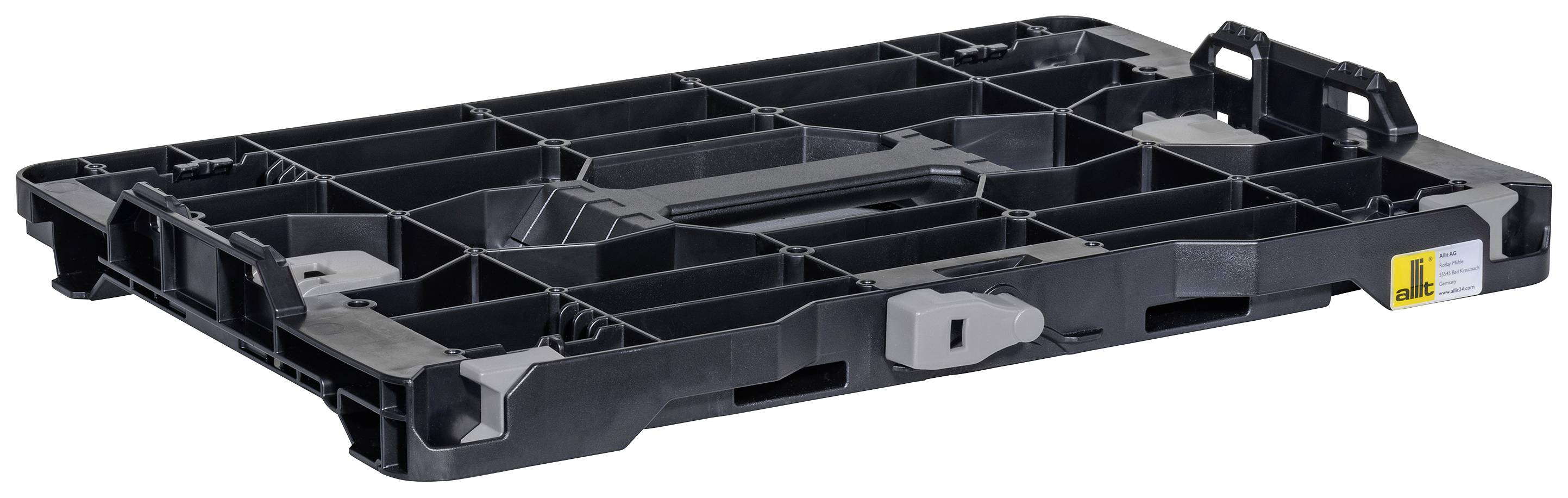 Crna plastična paleta pravokutnog oblika s ugrađenim ručkama. Idealna za transport robe.