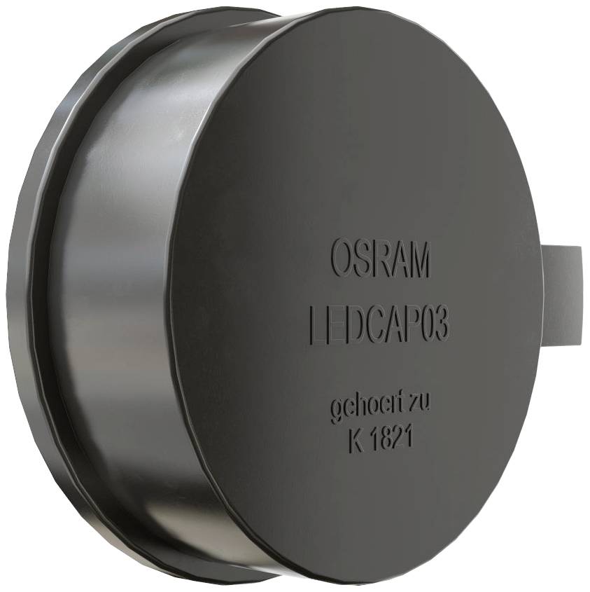 Okrugli, crni plastični poklopac s utiskivajem 'OSRAM LEDCAP03 odobren za K 1821'.