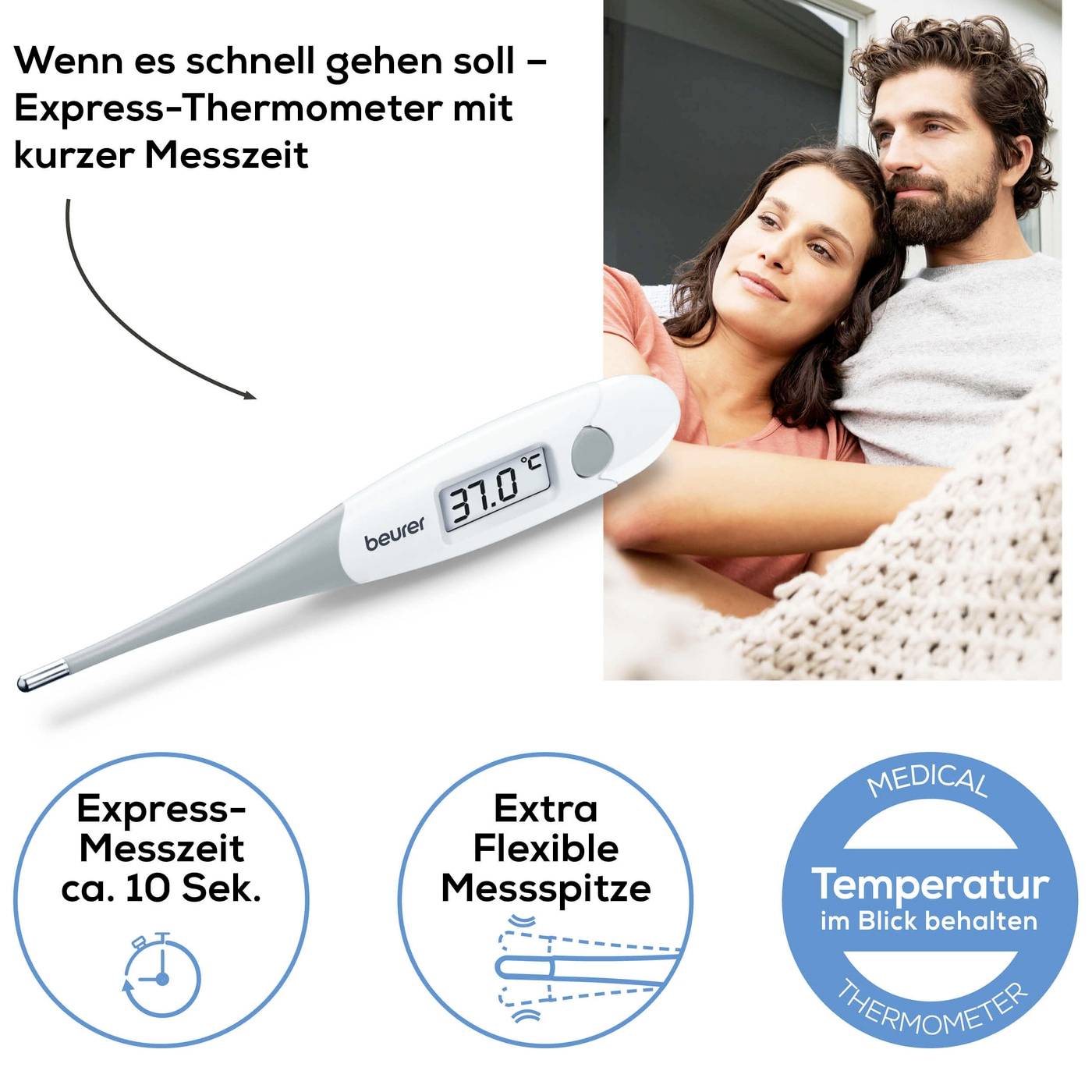 Par sjedi na kauču. Tekst: 'Kada treba brzo - Express-termometar s kratkim vremenom mjerenja'. Termometar pokazuje 37,0°C. Ikone: Express-vrijeme mjerenja cca 10 sek., Izuzetno fleksibilni mjerni vrh.