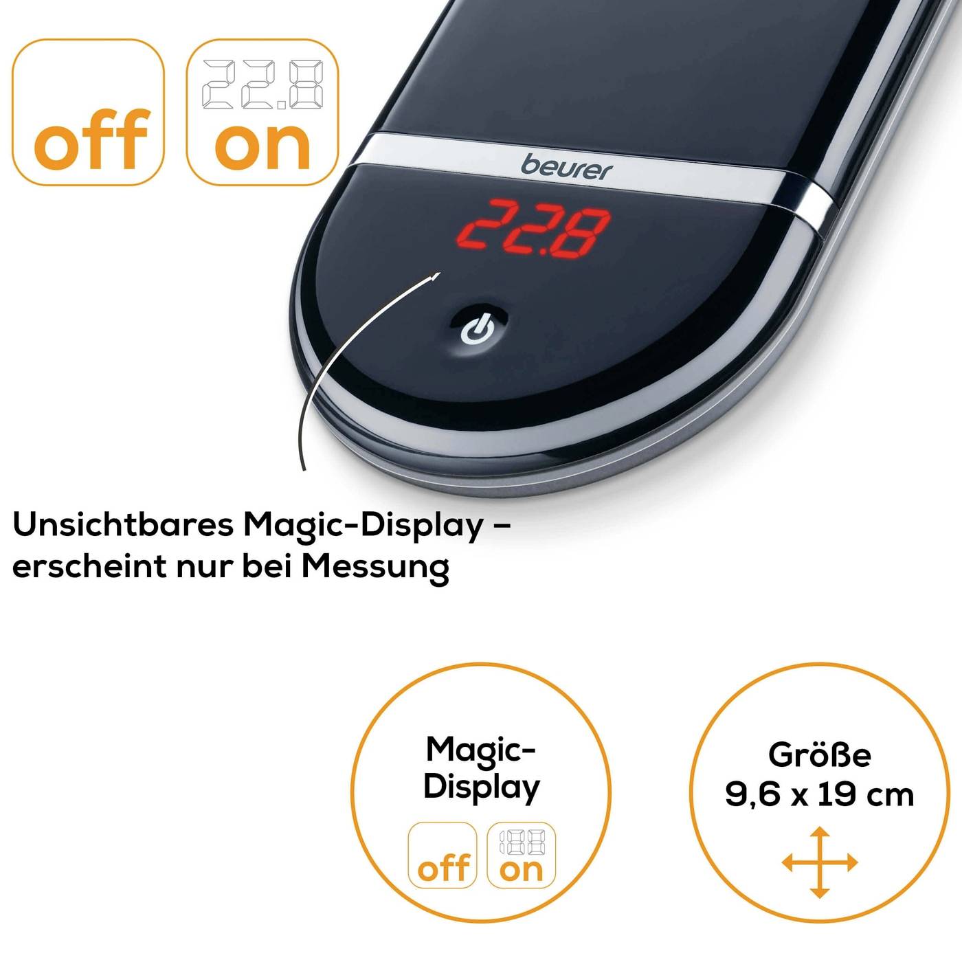 Elektronička kuhinjska vaga s crnim 'Magic-Display'-om, prikazuje '22.8'. Funkcije: uključeno/isključeno. Dimenzije: 9,6 x 19 cm.