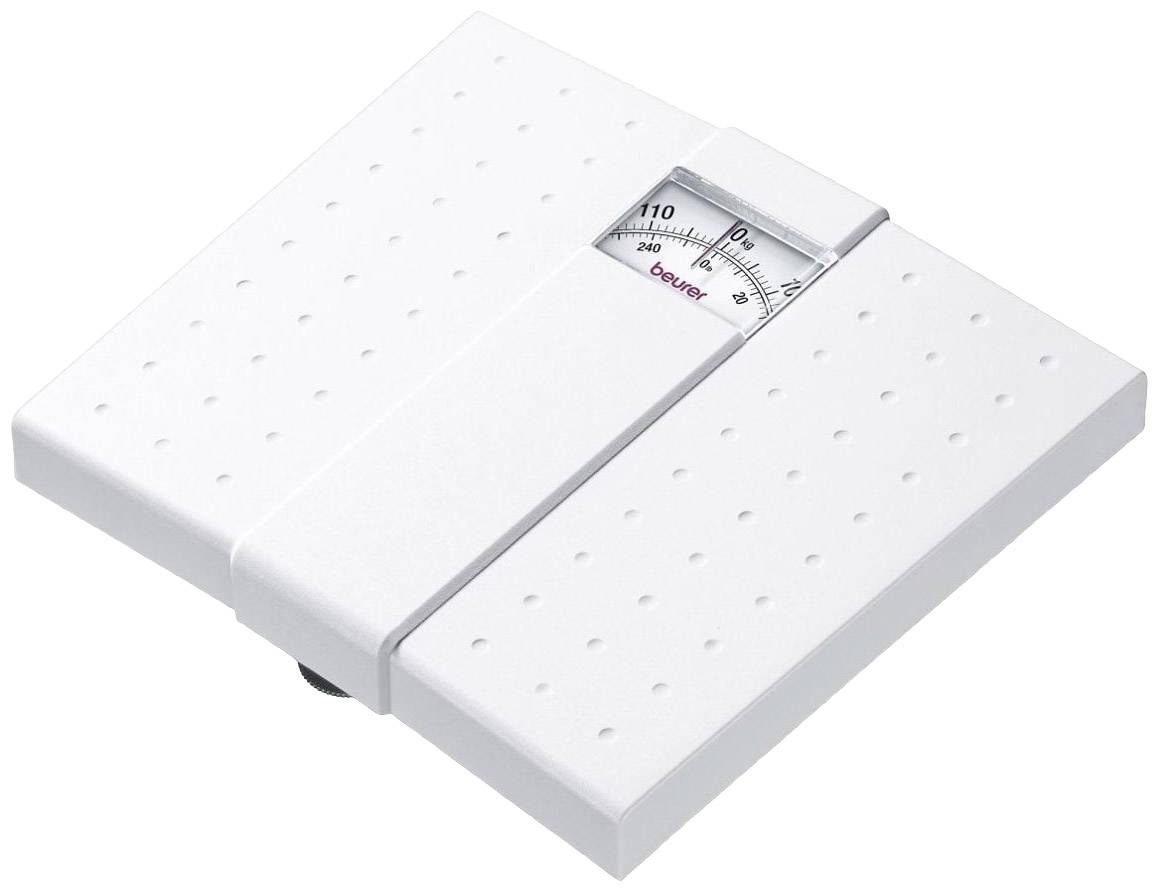 Bijela analogna osobna vaga s kazaljkom na vrhu i mjerom u kilogramima.