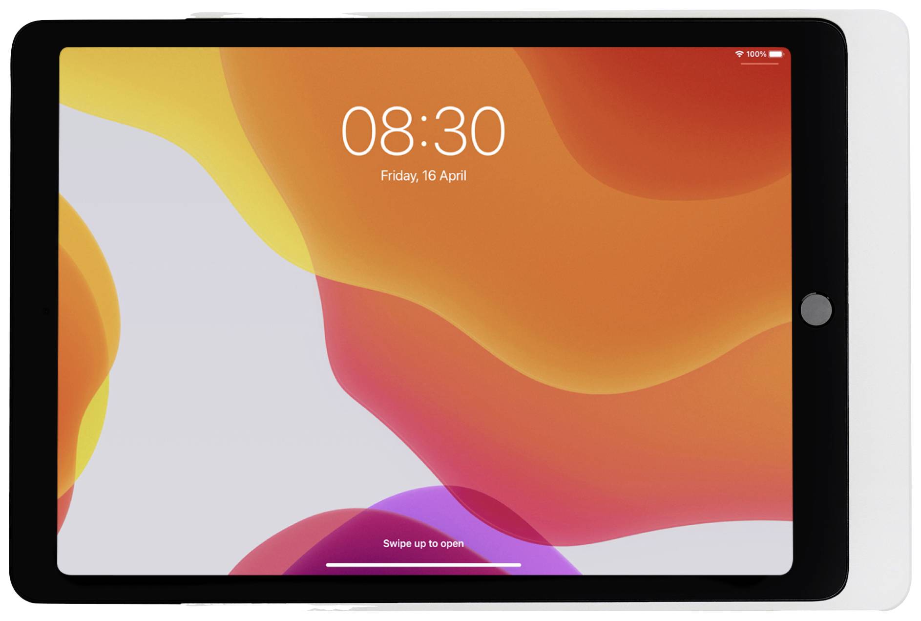 Tablet s prikazom zaključanog zaslona prikazuje vrijeme 08:30 i datum petak, 16. travnja, na šarenom, apstraktnom pozadini.