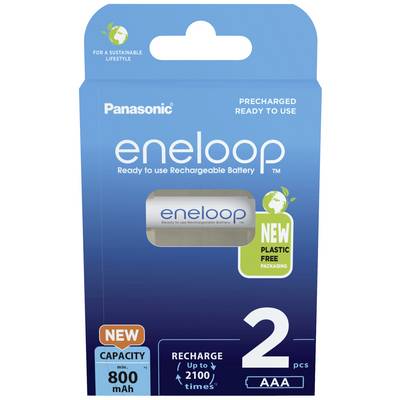 Dvije Panasonic eneloop AAA baterije u ambalaži bez plastike. Ponovno punjive, kapacitet od 800 mAh, do 210 ciklusa punjenja.