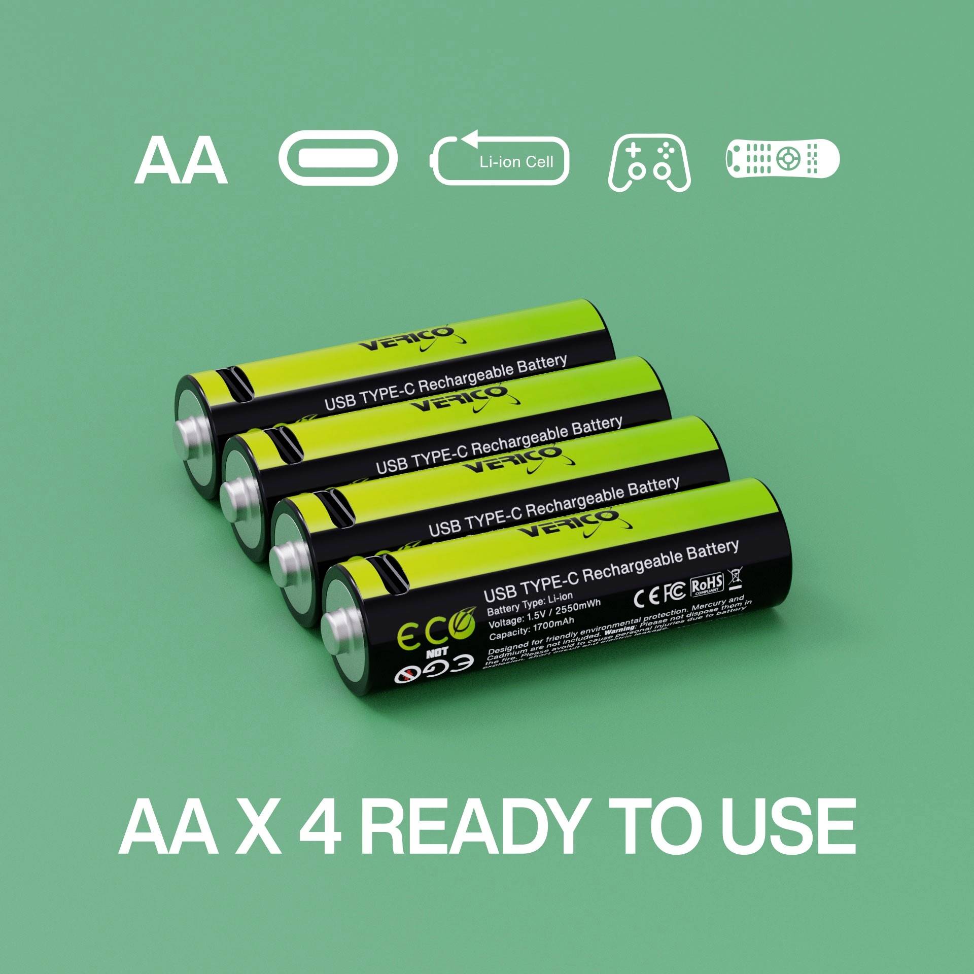 Četiri punjive AA baterije marke Veho, tip USB TYPE-C, na zelnoj pozadini. Tekst ispod: AA x 4 SPREMNO ZA UPOTREBU.