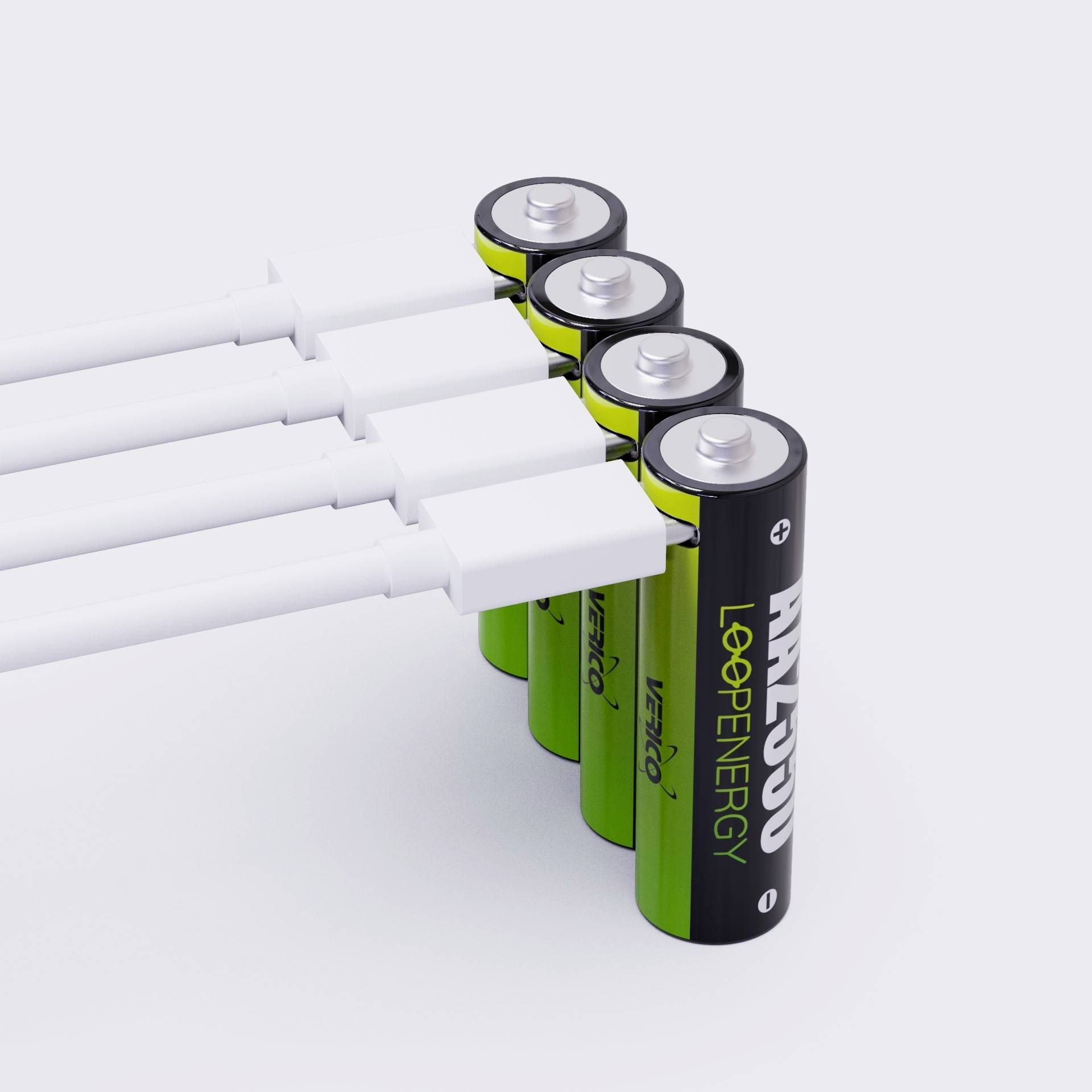 Pet zelenih AA baterija s natpisom 'LoopEnergy' međusobno su povezane i vertikalno postavljene jedna do druge.