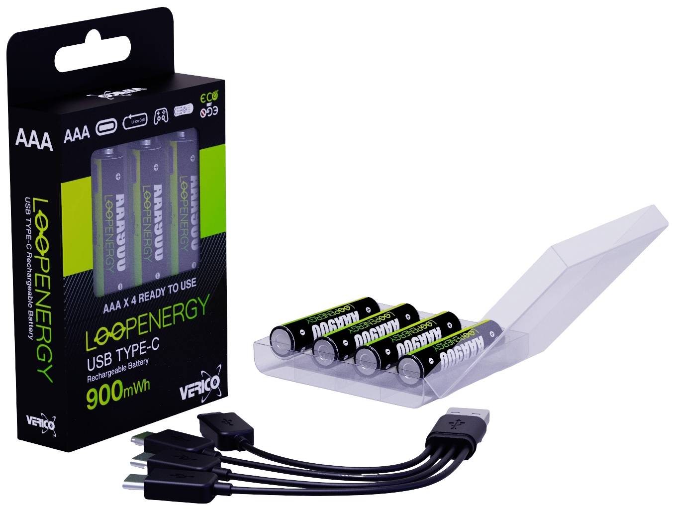 Održive AAA baterije u pakiranju i etui. Punjač s četiri USB kabela. Tekst na pakiranju: 'Loopeenergy, USB Type-C, 900 mWh'.