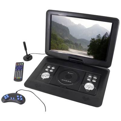 Prijenosni DVD player s ekranom prikazuje planinarski krajolik. Uključeni su daljinski upravljač, antena i kontroler za upravljanje.