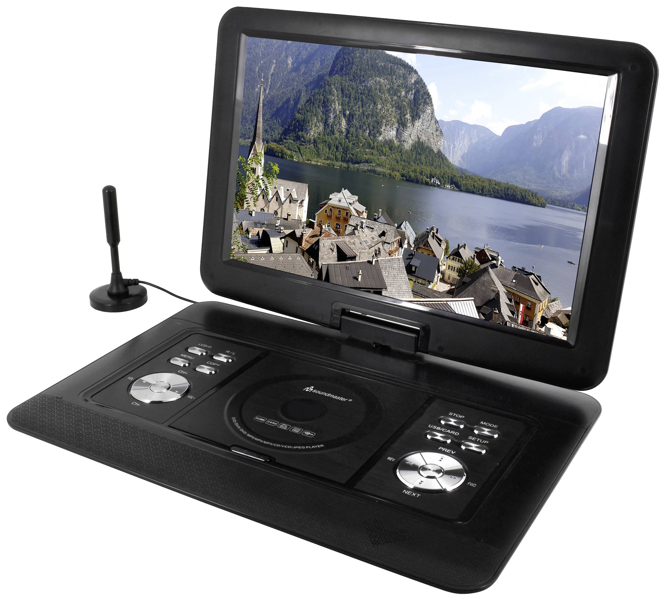 Prijenosni DVD player s otvorenim zaslonom prikazuje panoramu planina i mora. Lijevo pored njega je učvršćena mala antena.