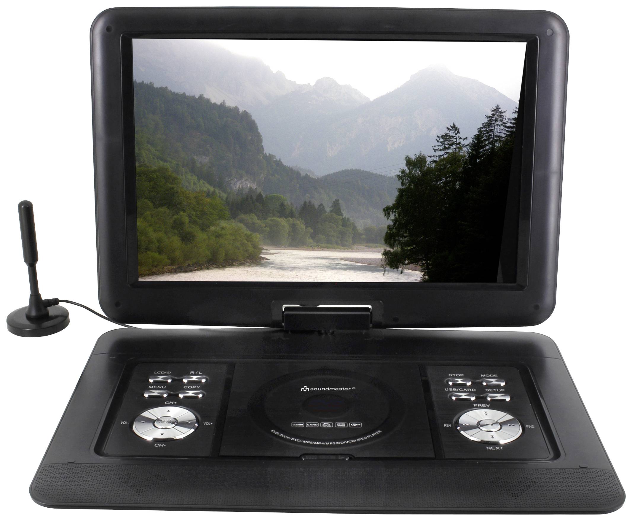 Prijenosni DVD player s otvorenim zaslonom prikazuje planinsku krajoliku s rijekom. Tipke i upravljački elementi su vidljivi.