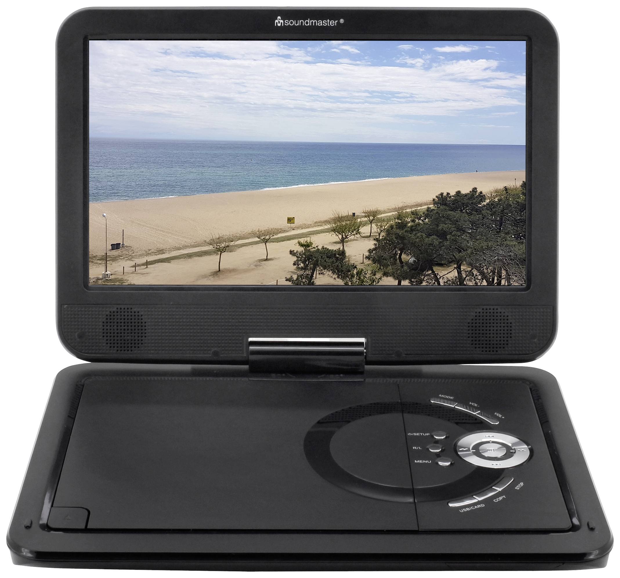 Prijenosni DVD player s prikazom plaže na zaslonu. Nebo je djelomično oblačno.