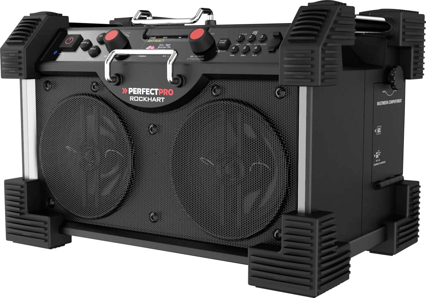 Prijenosni građevinski radio tvrtke PerfectPro, model Rockhart, s robusnom konstrukcijom i dva zvučnika, idealan za upotrebu na otvorenom.
