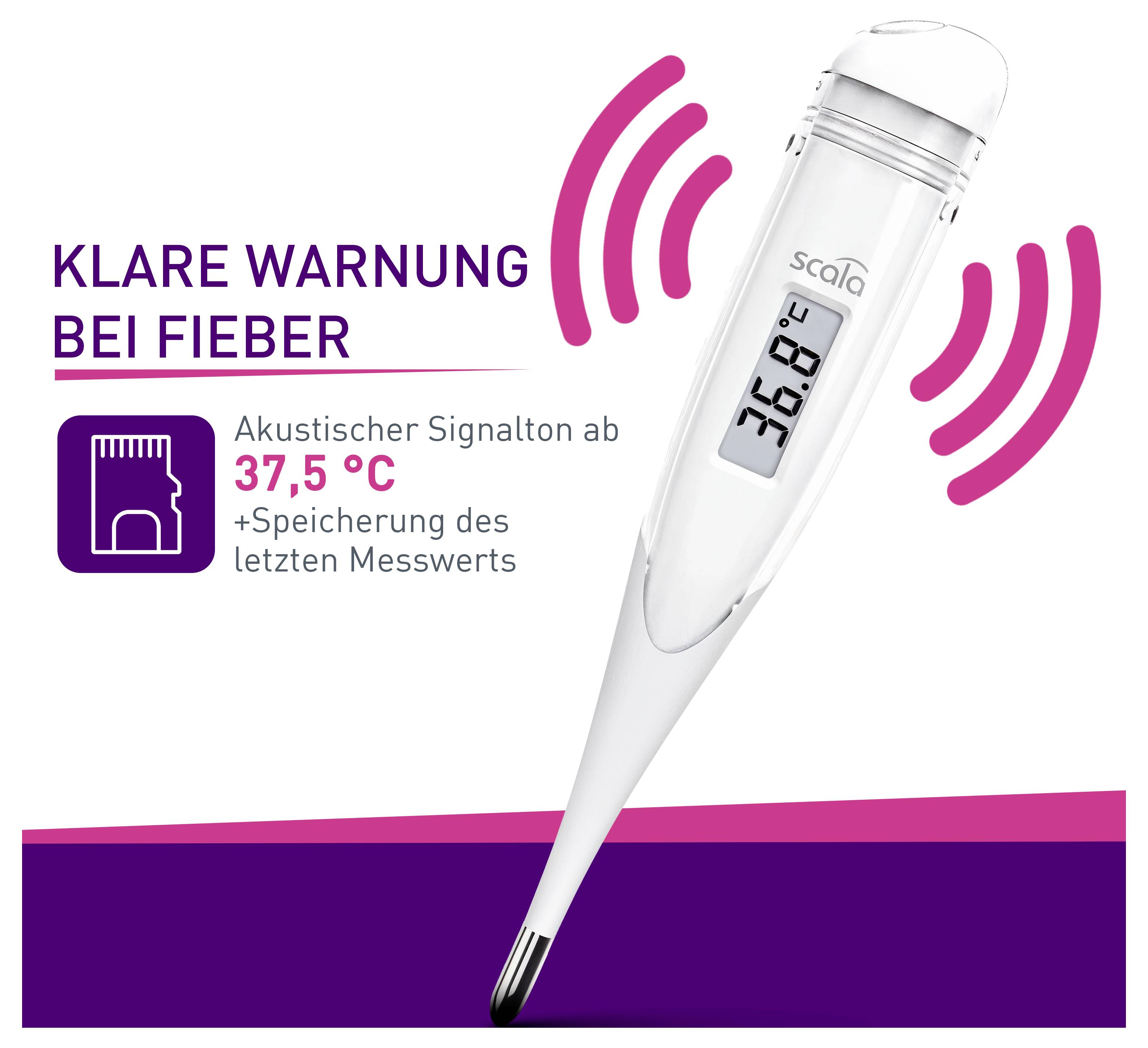 Digitalni termometar s prikazom pokazuje 36,9°C. Tekst: 'Jasno upozorenje pri visokoj temperaturi', akustični signal od 37,5°C, spremanje zadnje izmjerene vrijednosti.
