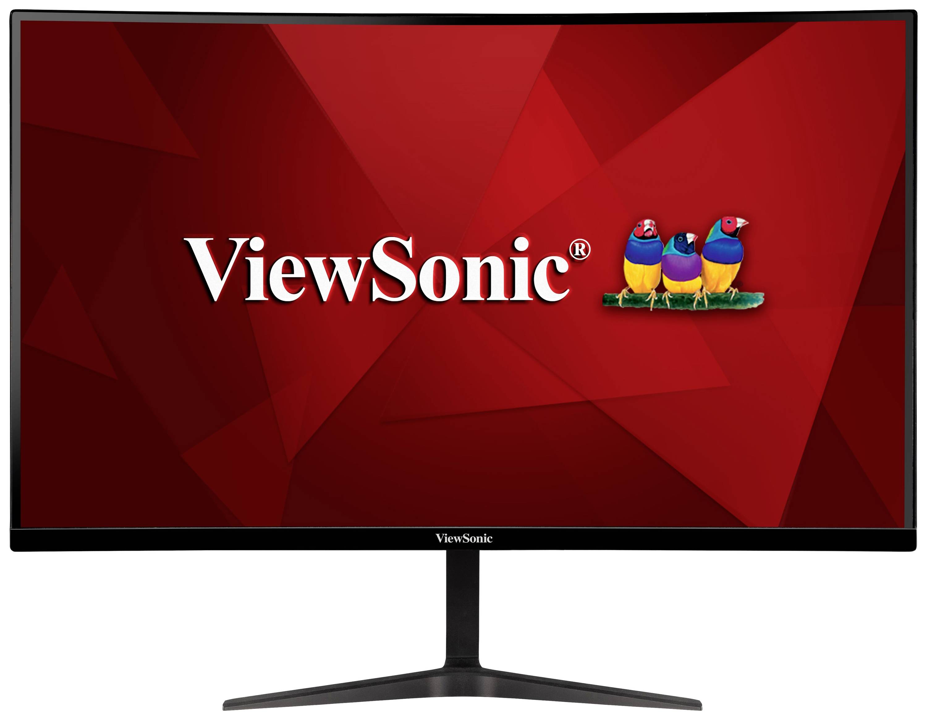 Računalni monitor ViewSonic s crvenom pozadinom, ViewSonic logotipom i tri šarene ptice na njemu.