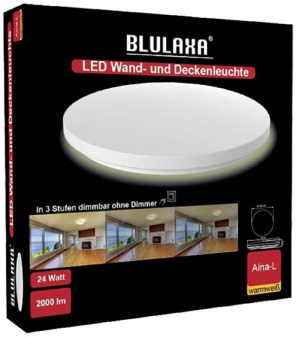 Pakiranje 'BLULAXA' LED zidne i stropne svjetiljke, 24 vata, 2000 lm, toplo bijela, prigušiva u 3 stupnja bez dimera, prikazi primjene.