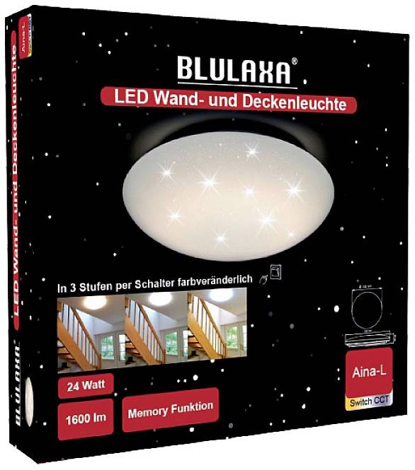 Ambalaža 'BLULAXA LED zidne i stropne svjetiljke'. Prikazuje okruglu svjetiljku koja se može postaviti u tri načina boja, snage 24 watta.