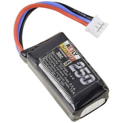 Mali, crni akumulator s bijelim, crvenim i plavim kabelima i priključkom. Natpis: 'LiPo, 7,4V, 250mAh, 30C'.