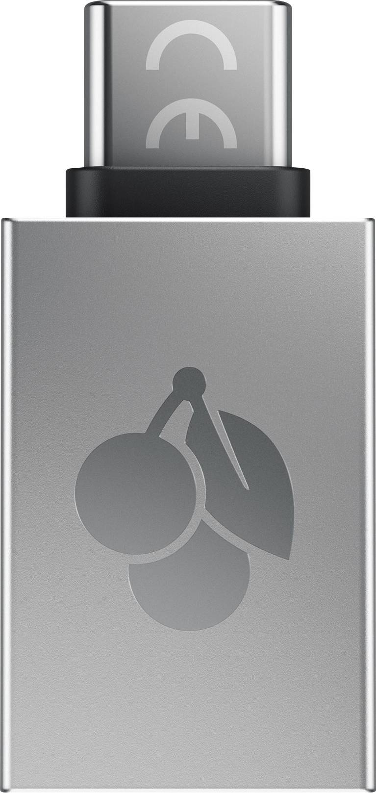 USB-C adapter u srebrnoj boji s logotipom trešnje na prednjoj strani.