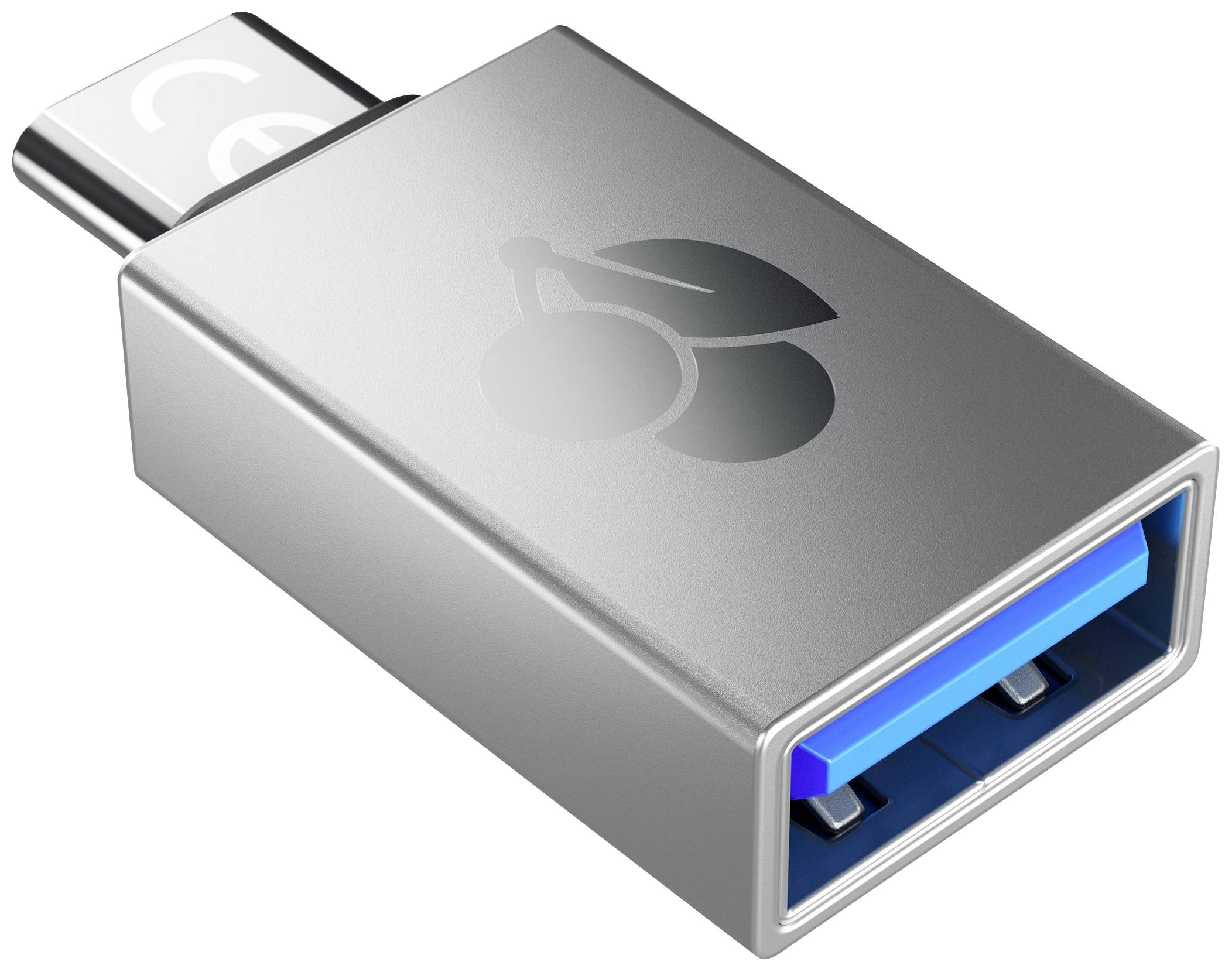 Metalni USB stick s USB-C priključkom i logom trešnje.