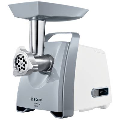 Električni wolf za meso Bosch, model ProPower 1600 W, u sivoj i bijeloj boji, prikazuje prednji pogled s postoljem za punjenje i prekidačem.