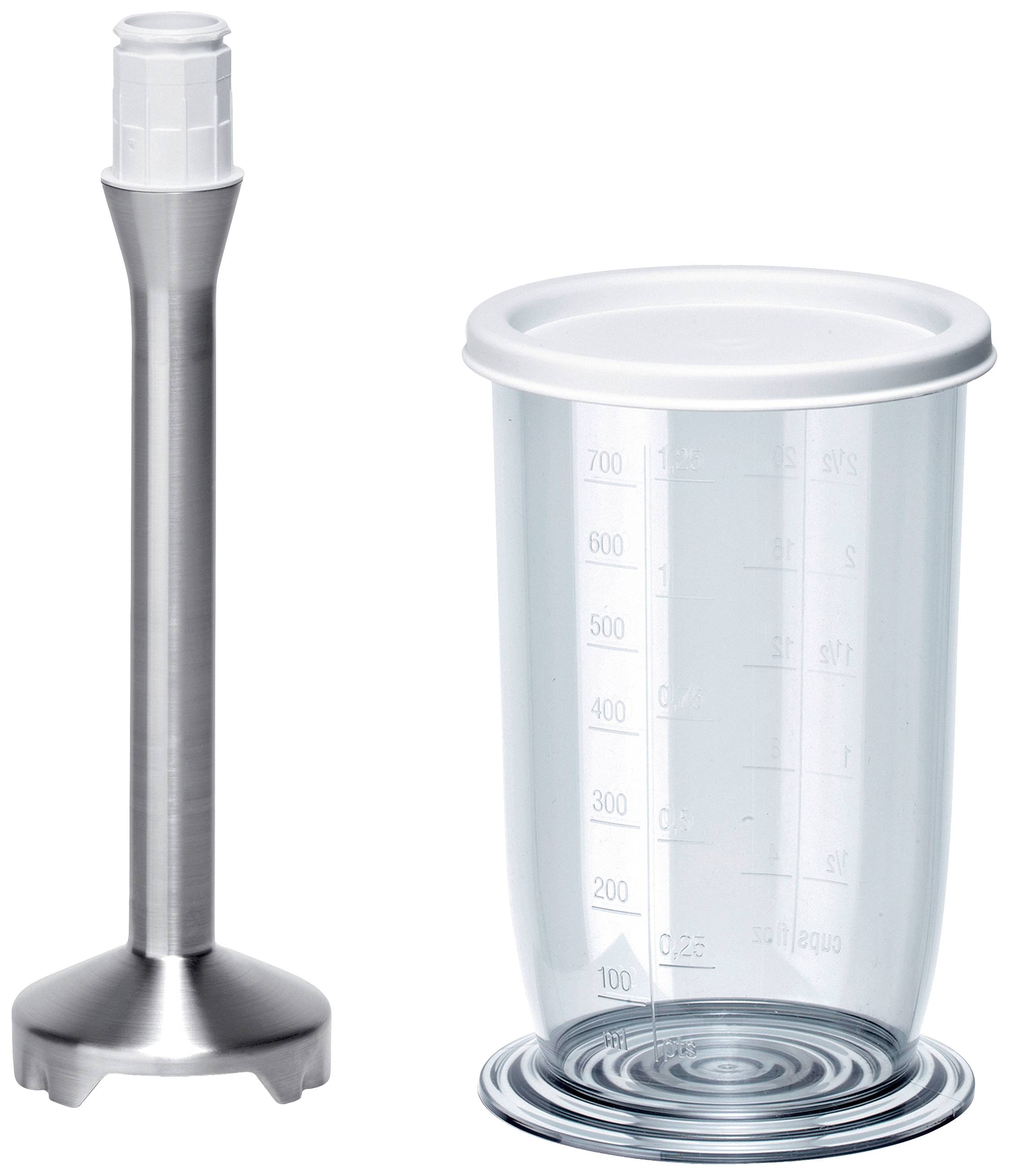 Metalni nastavak za štapni mikser stoji pored prozirnog mjernog lonca s bijelim poklopcem. Lonac ima mjernu skalu do 700 ml.