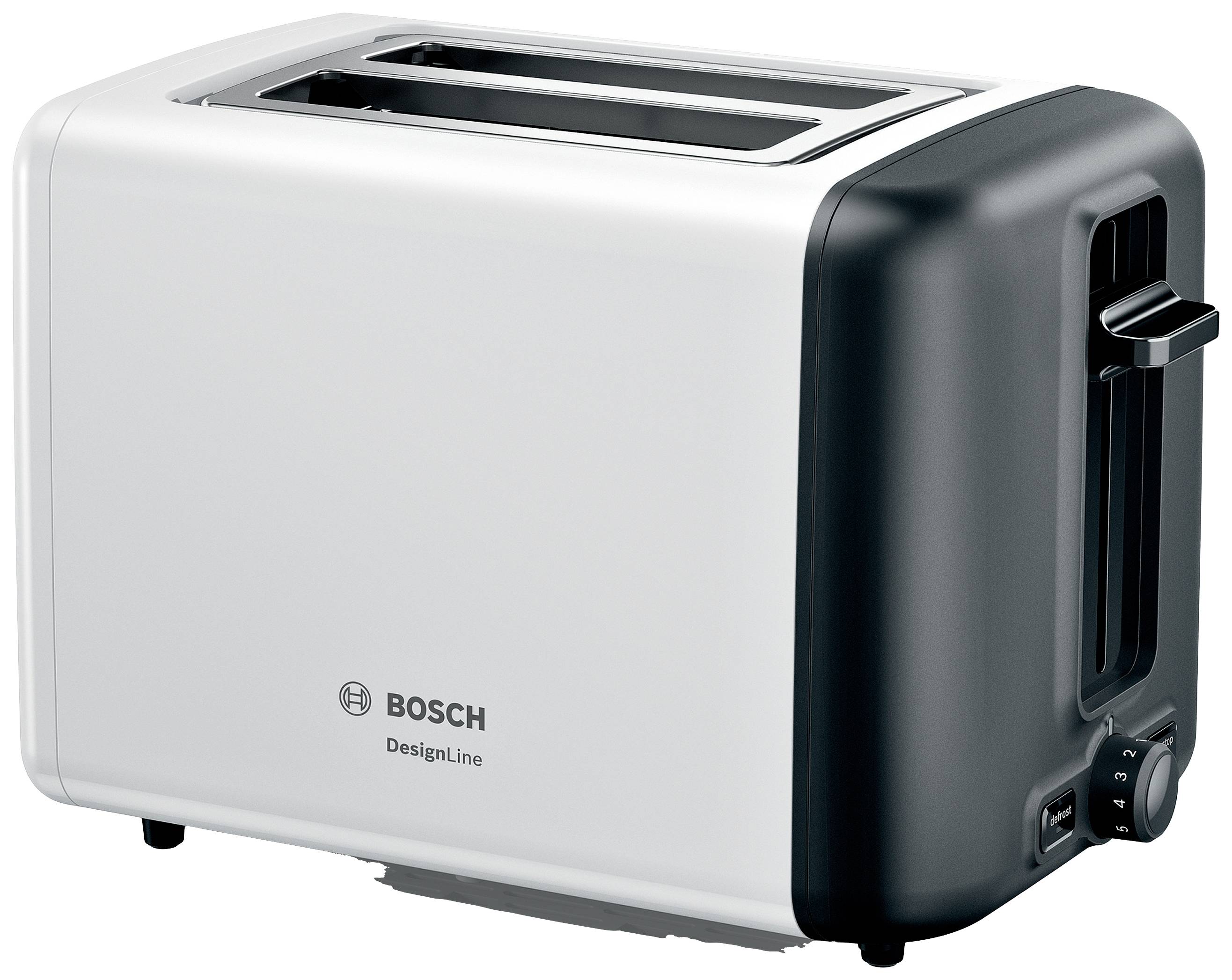 Srebrni toster s dva utora i regulacijskim gumbom na desnoj strani. Marka 'Bosch'. DesignLine serija.