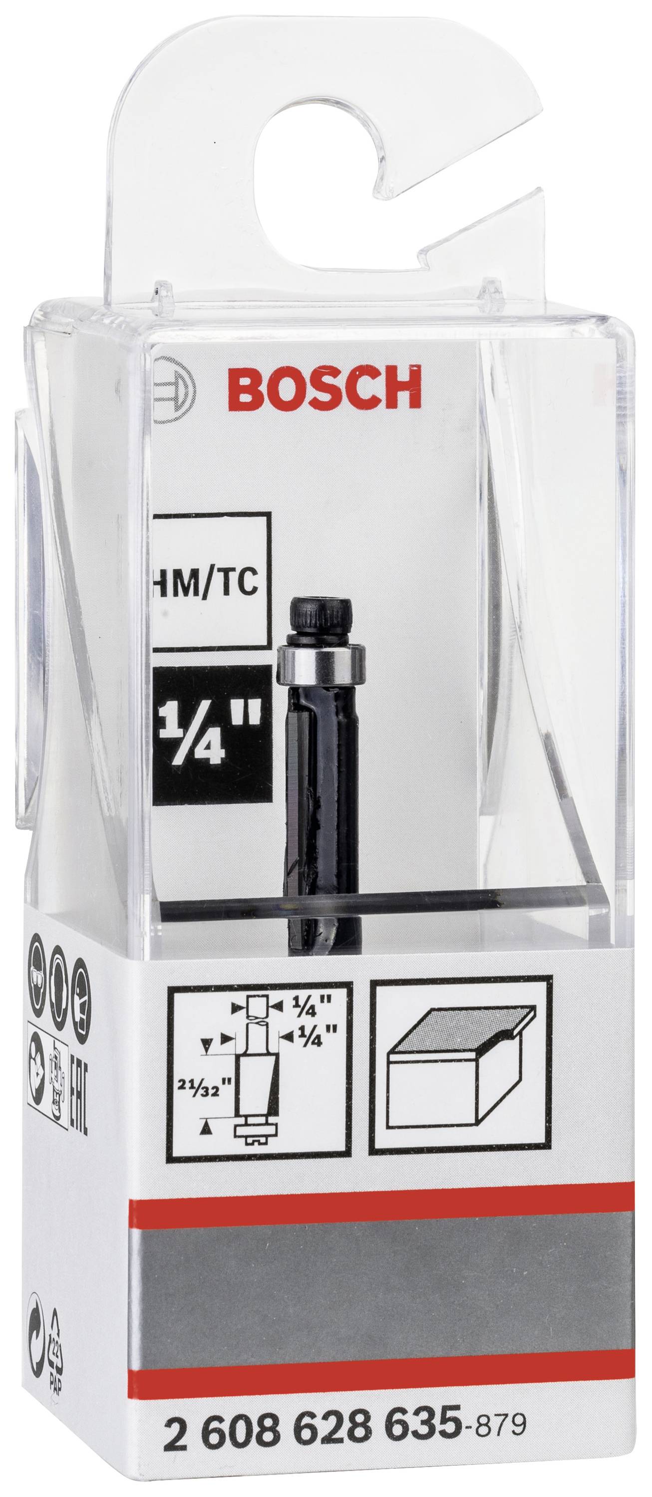 Bošev rezač u prozirnoj ambalaži. Pogodan za radove na drvu s prihvatom od 1/4 inča. Pakiranja prikazuje grafiku primjene.