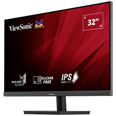 32-inčni ViewSonic monitor s crvenom pozadinom i logotipovima koji ističe funkcije poput filtra plavog svjetla i tehnologije bez treptanja.