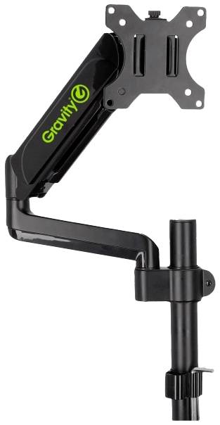 Podesivi nosač monitora s dva zglобna kraka. Krak je crn i nosi zeleni logotip marke 'Gravity'.