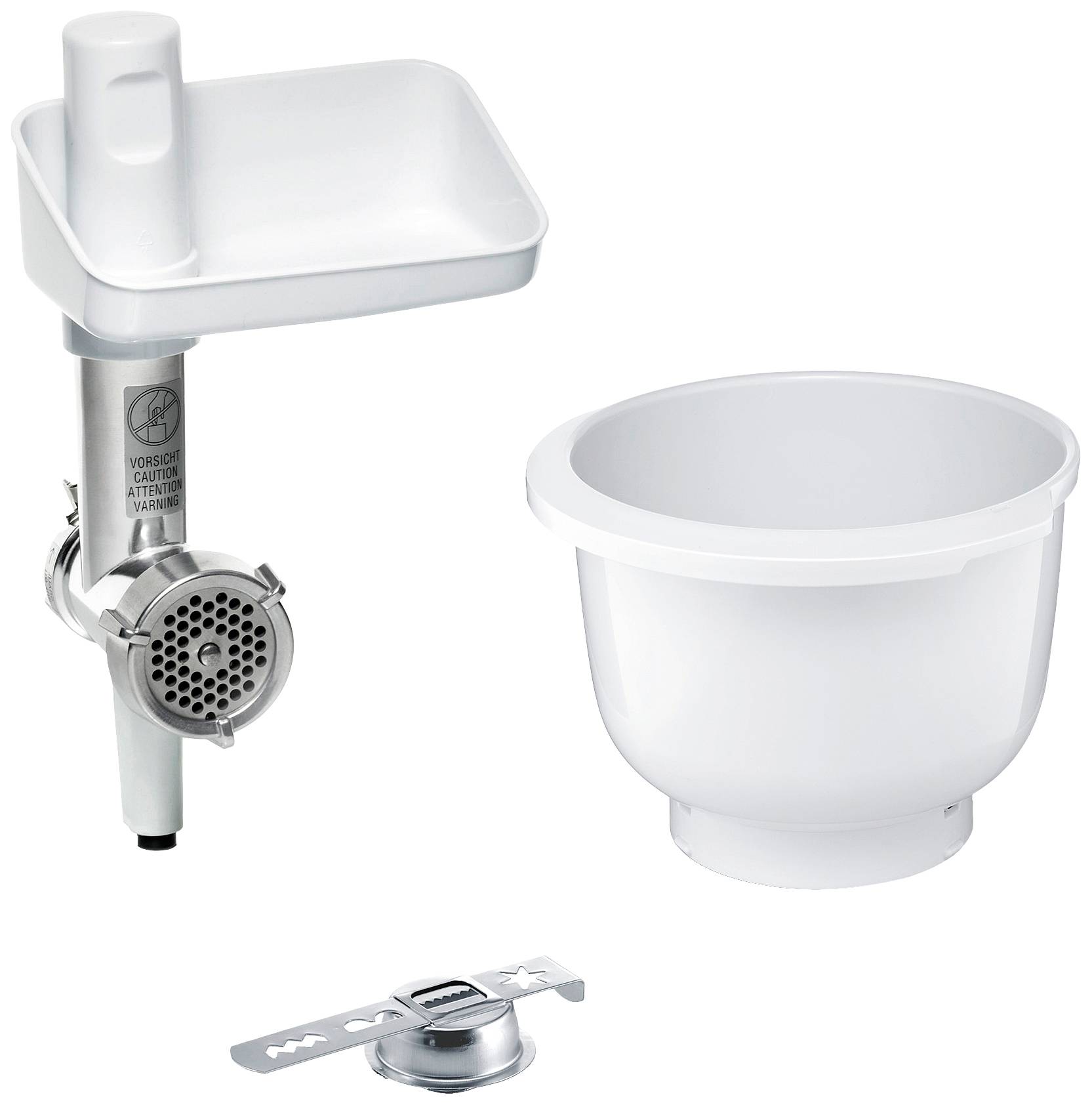 Pribor za kuhinjski uređaj, koji se sastoji od mesa mašine, plastične posude i nastavka za mutenje, na bijeloj pozadini.