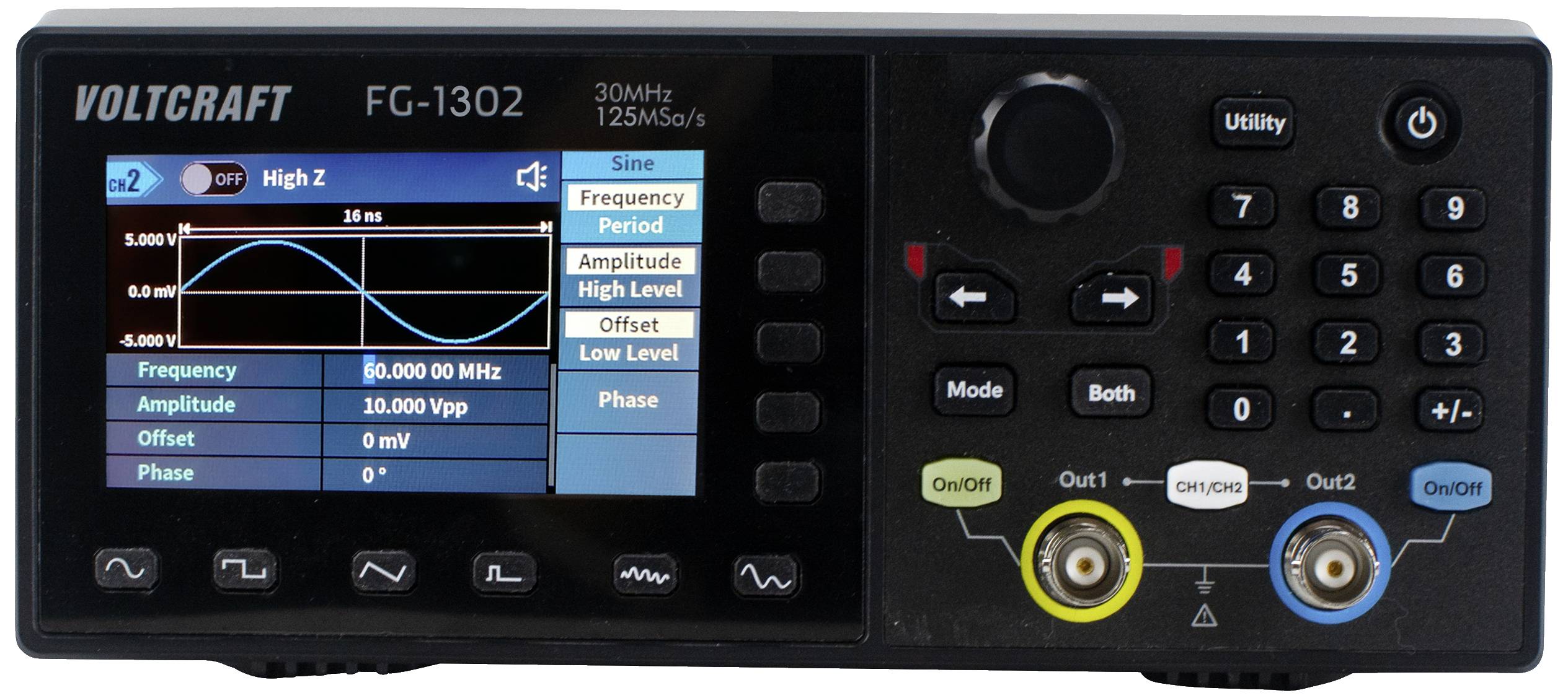 Generator funkcija Voltcraft FG-1302 prikazuje zaslon s informacijama o frekvenciji, amplitudi i fazi. Upravljački elementi nalaze se desno.