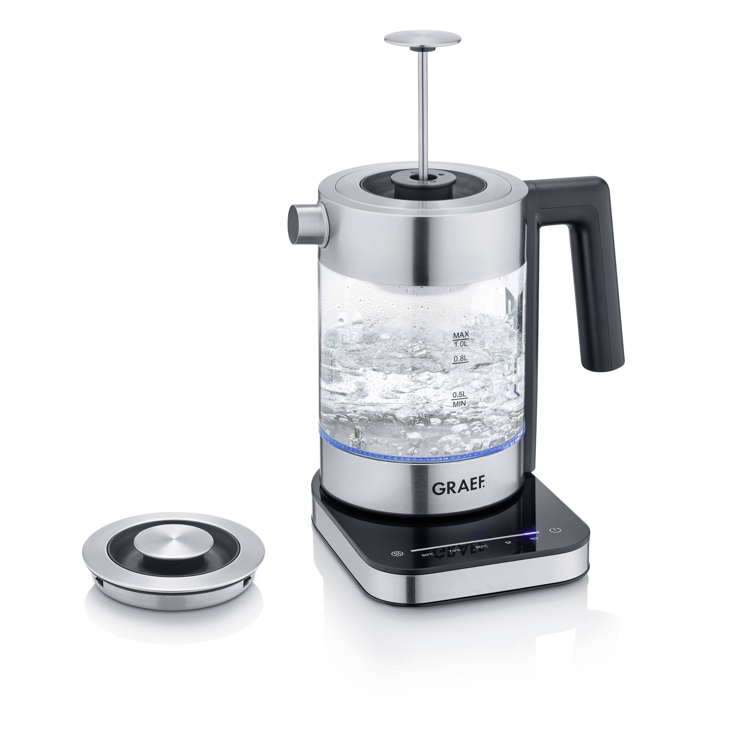Moderni čajnik od nehrđajućeg čelika sa staklenim kućištem, vidljivim indikatorom razine vode i digitalnom kontrolom temperature na postolju.
