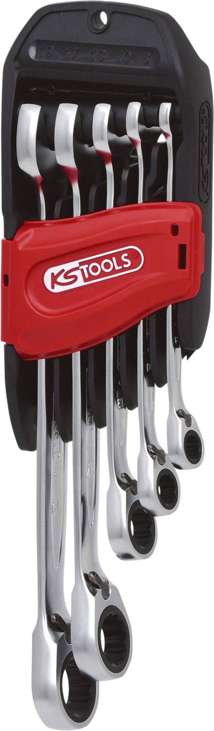Set otvorenih prstenih ključeva u nosaču, logo marke 'KS TOOLS' na crvenom ručkatu. Idealan za različite poslove vijčanja.