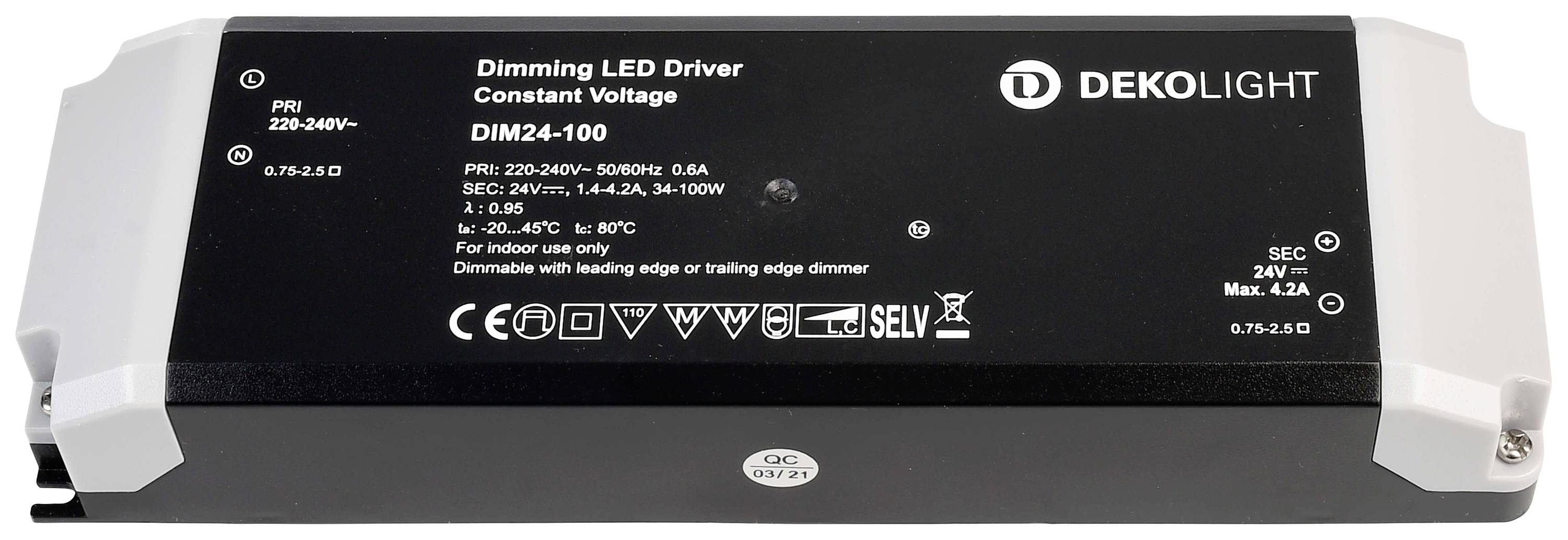 Dekolight LED dimmer napajanje, konstantni napon, Model DIM24-100. Ulaz: 220-240V, 0,7-0,5A. Izlaz: 24V/maks. 4,2A.