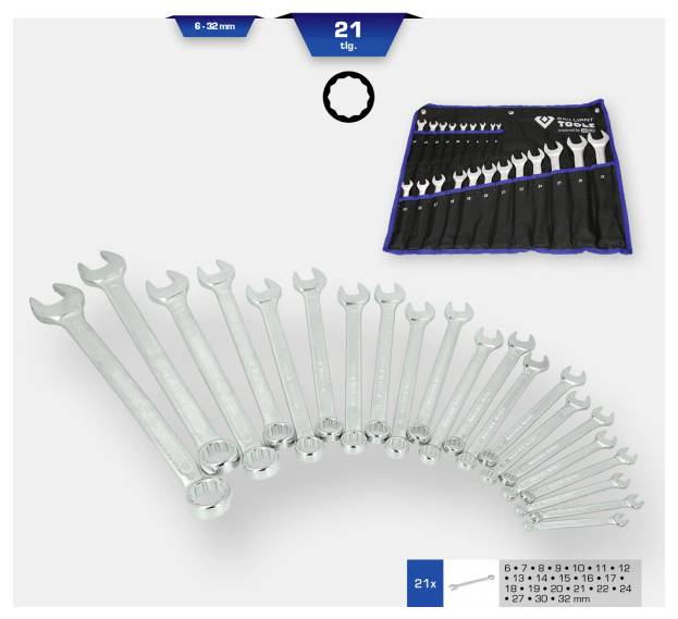 21-dijelni set ključeva veličina od 6 do 32 mm u crnoj torbi za namotavanje. Prikazan u silaznom redoslijedu s vidljivim veličinama na svakom alatu.