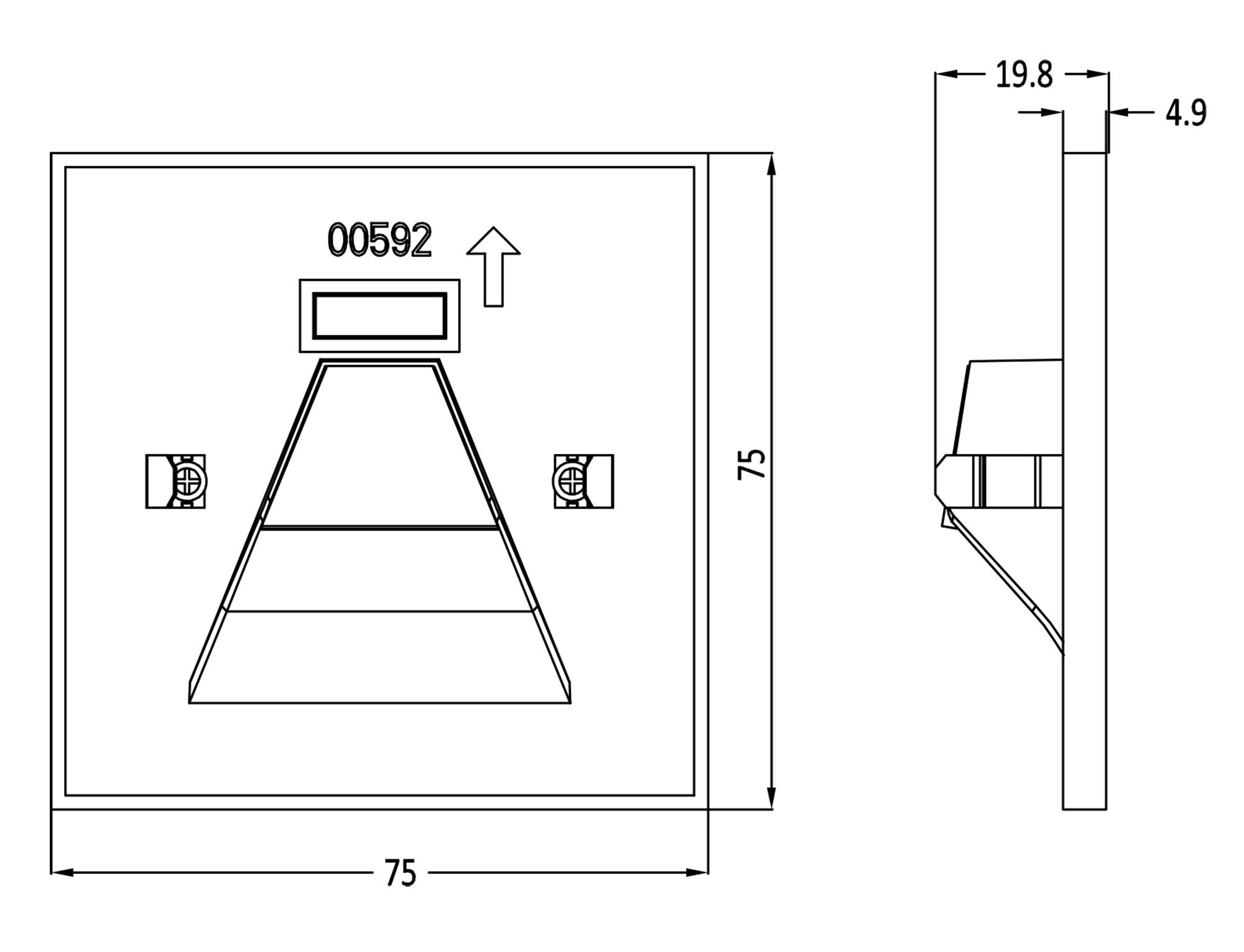 Tehnički nacrt kvadratnog elementa dimenzija 75x75 mm. Gore piše '00592'. Strelica prema gore, bočni prikaz pokazuje dubinu od 4,9 mm.