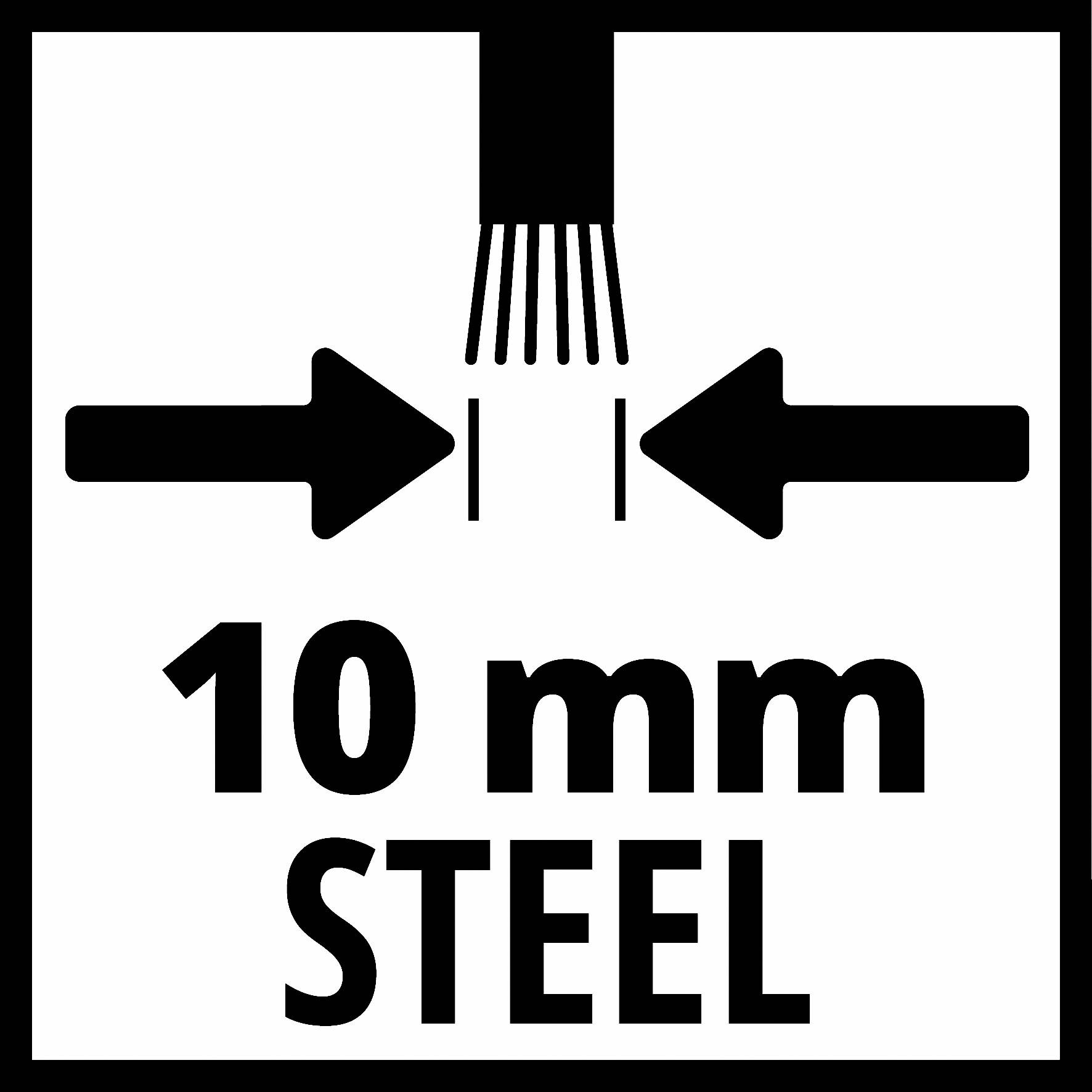 Simbol laserskog rezača koji reže čelik debljine 10 mm. Dva strelice pokazuju na točku s tekstom "10 mm Steel".