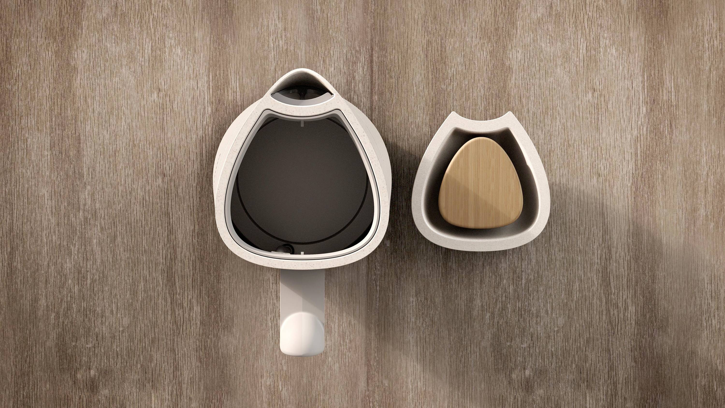 Moderna, minimalistička zidna ura u bež tonovima s drvenim kazaljkama, pored koje se nalazi odgovarajući manji spremnik na drvenom zidu.
