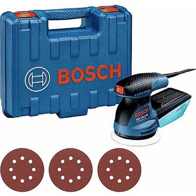 Plavi Bosch ručni brusilica s mrežnim kabelom, tri brusne ploče i plastični kofer s Bosch logotipom.