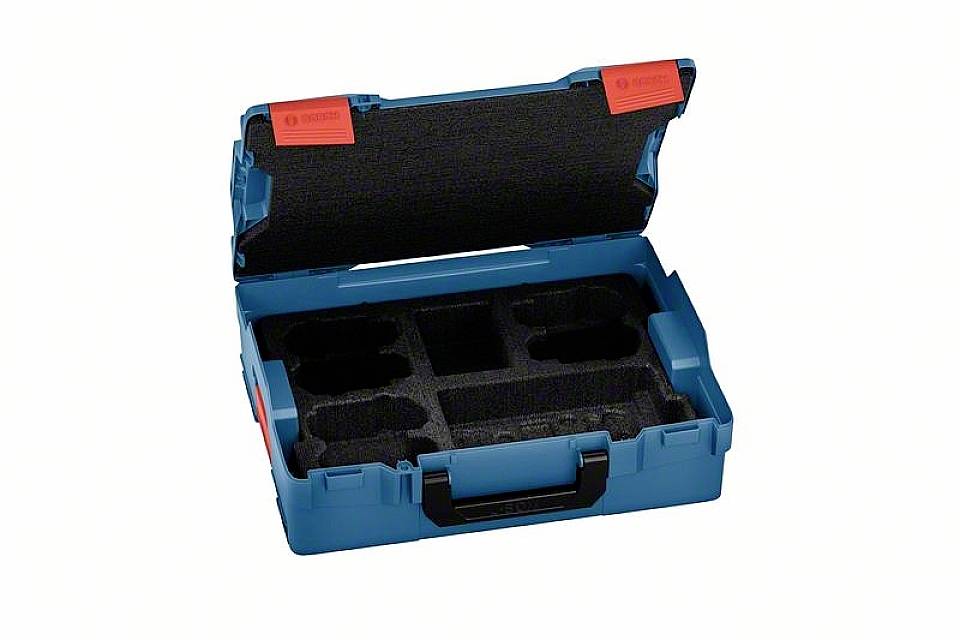 Otvoreni plavi kofer s crvenom kopčom, crnom pjenastom umetkom s šest pregrada, pogodan za pohranu alata.
