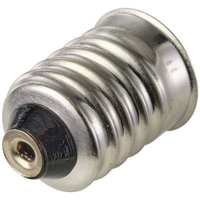 Srebrni adapter za lampu koji malu podnožnicu žarulje pretvara u veću, leži na bijeloj podlozi.