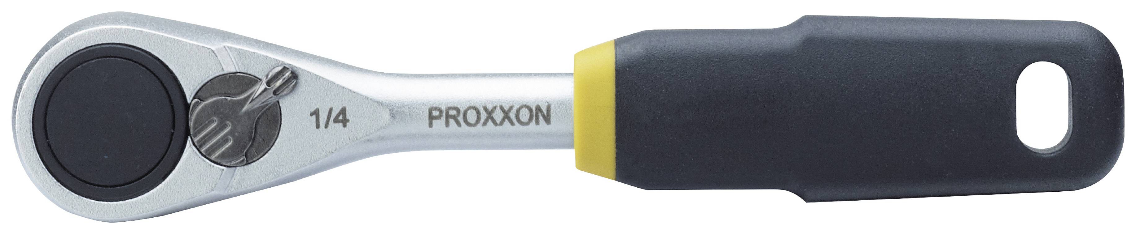 Proxxon 1/4" čegrtaljka s crnom ergonomskom ručkom i žutim prstenom. Podesiva za brzo odvrtanje i zatezanje vijaka.