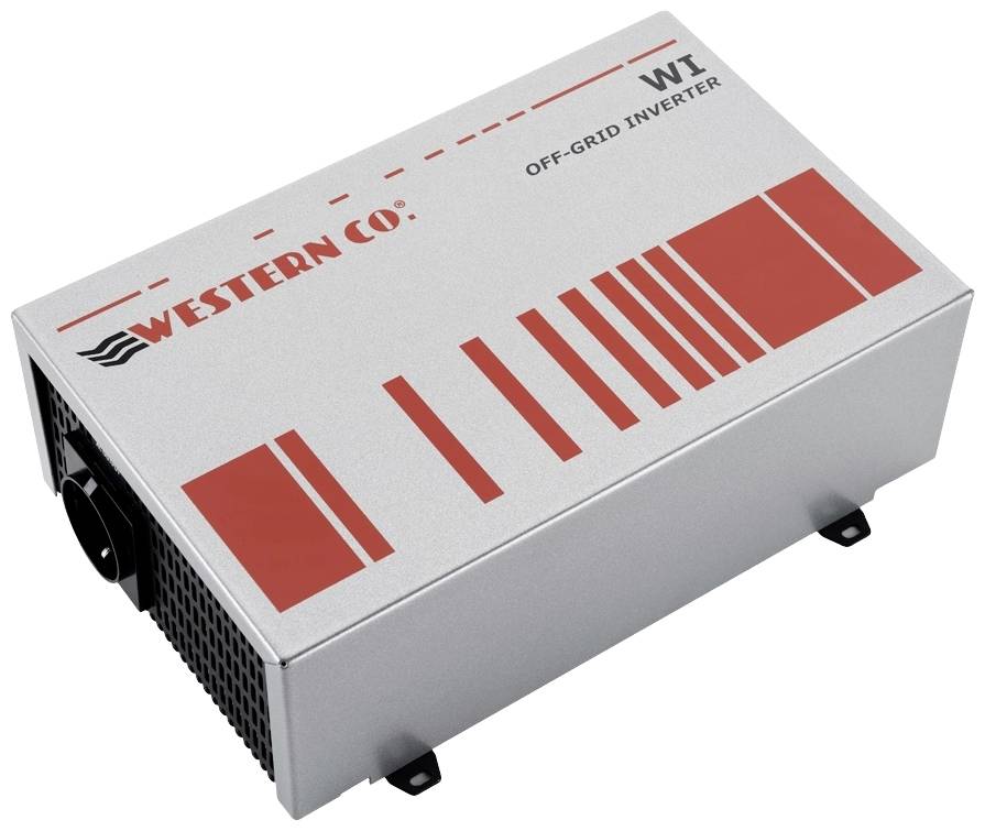 Srebrni off-grid inverter tvrtke Western Co s crvenim grafičkim elementima, model W1.