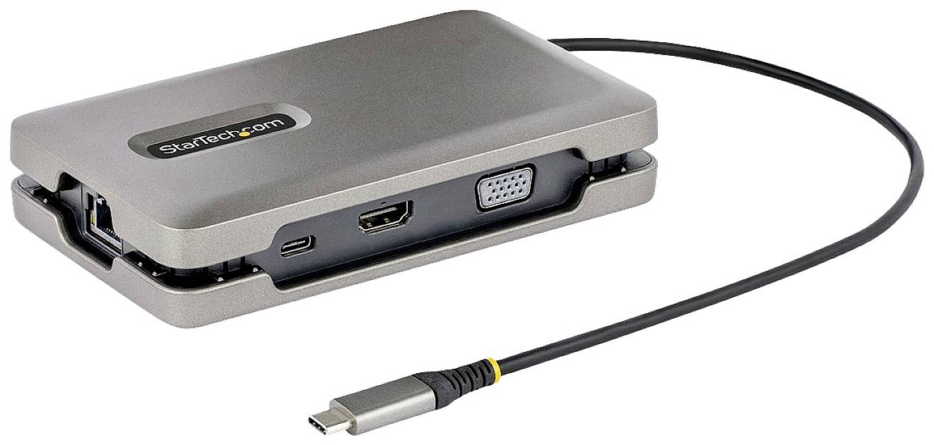 Sivo USB-C priključno postolje s priključcima za HDMI, VGA, Ethernet i USB, povezano kabelom. Idealno za povezivanje više uređaja.
