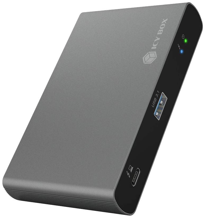 Sivo vanjsko kućište za vanjski tvrdi disk s logotipom brenda 'Icy Box'. Sadrži USB priključak i LED indikatore. Jednostavan, moderan dizajn.