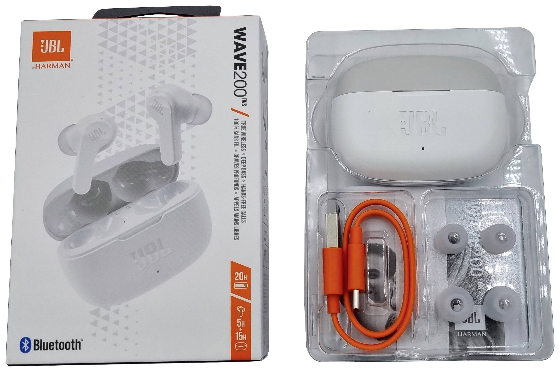 JBL WAVE 200 TWS slušalice u pakiranju. Uključuju narančasti punjač, zamenske štoperice i uputstvo za upotrebu.