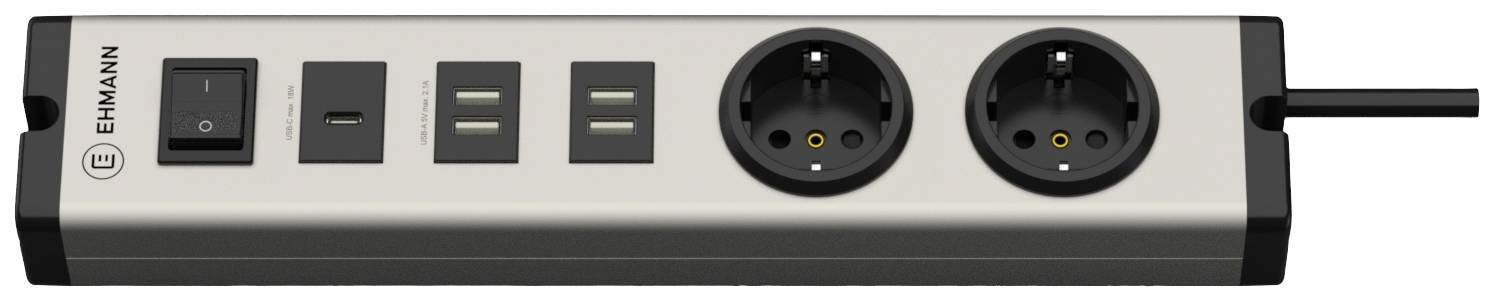 Višestruka utičnica s dva utičnička mjesta, USB priključcima i sklopkom za uključivanje/isključivanje, idealna za uredsku upotrebu.