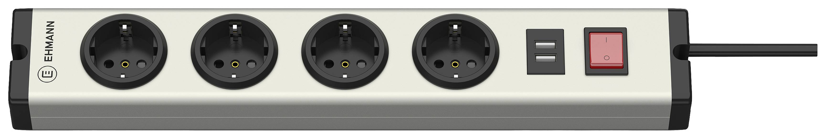 Crna razvodna letva s četiri utičnice, dva USB priključka i crvenim sklopkom za uključivanje/isključivanje na desnoj strani.