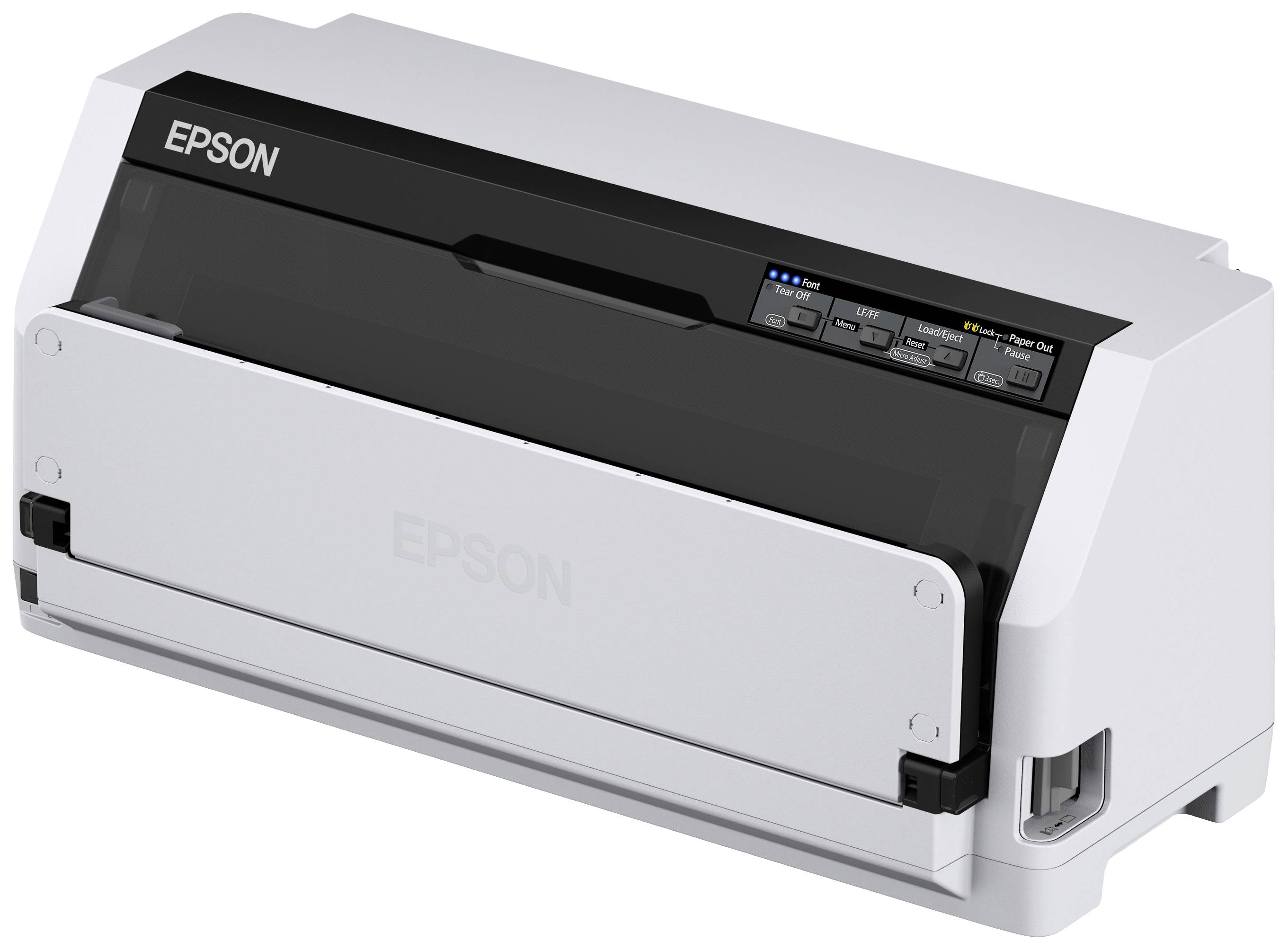 Bijeli Epson printer s crnom kontrolnom pločom i plavim indikatorskim lampicama. Broj modela postavljen na desnoj strani.