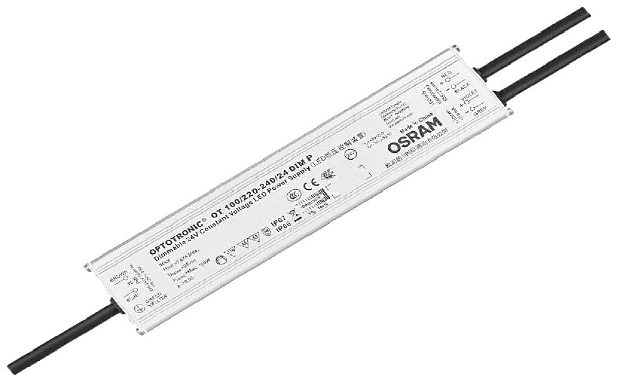 Dugi, pravokutni elektronički predspojni uređaj marke OSRAM s tehničkim specifikacijama otisnutim na površini. Ima dva kabela na oba kraja.