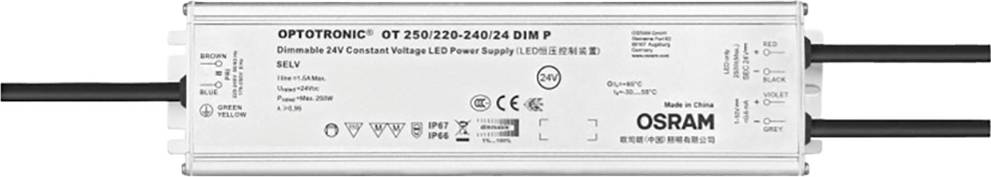 Napajanje: OSRAM OPTOTRONIC GT 250/220-240/24 DIM P za LED rasvjetu. Pravokutno kućište s kabelima na oba kraja.